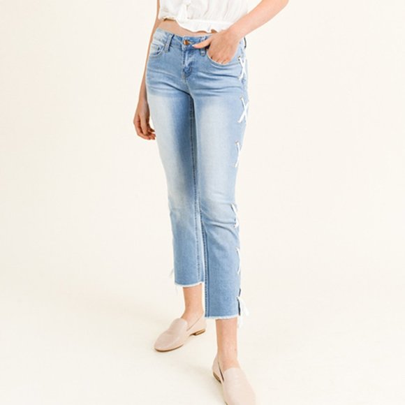 Mid Rise Cropped Light Wash Jeans Lace-up Sides - Picture 1 of 7